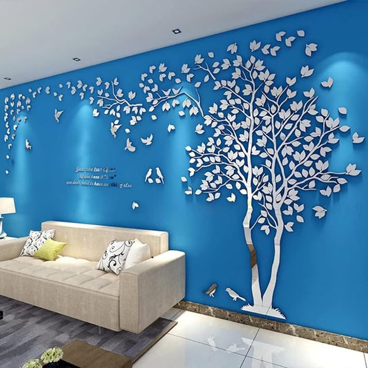 3D Tree Wall Stickers - DIY Tree and Birds Wall Decals Family Couple Tree Stickers Murals Wall Decor for Living Room Bedroom TV Background Home Decorations(Silver Right,M-98X51in)