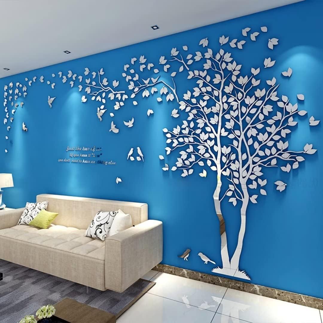 3D Tree Wall Stickers - DIY Tree and Birds Wall Decals Family Couple Tree Stickers Murals Wall Decor for Living Room Bedroom TV Background Home Decorations(Silver Right,M-98X51in)