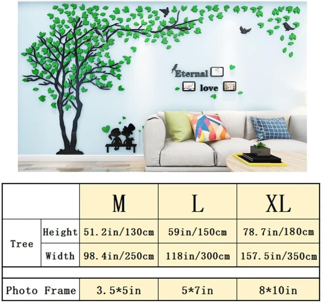 3D Tree Wall Stickers DIY Family Photo Frame Tree and Birds Wall Decals Tree Stickers Murals Décor for Living Room Bedroom Home Decorations(Frame Tree-Green Left,M-79X39in)