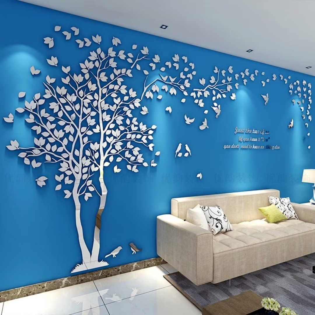 3D Tree Wall Stickers - DIY Tree and Birds Wall Decals Family Couple Tree Stickers Murals Wall Decor for Living Room Bedroom TV Background Home Decorations(Silver Right,M-98X51in)