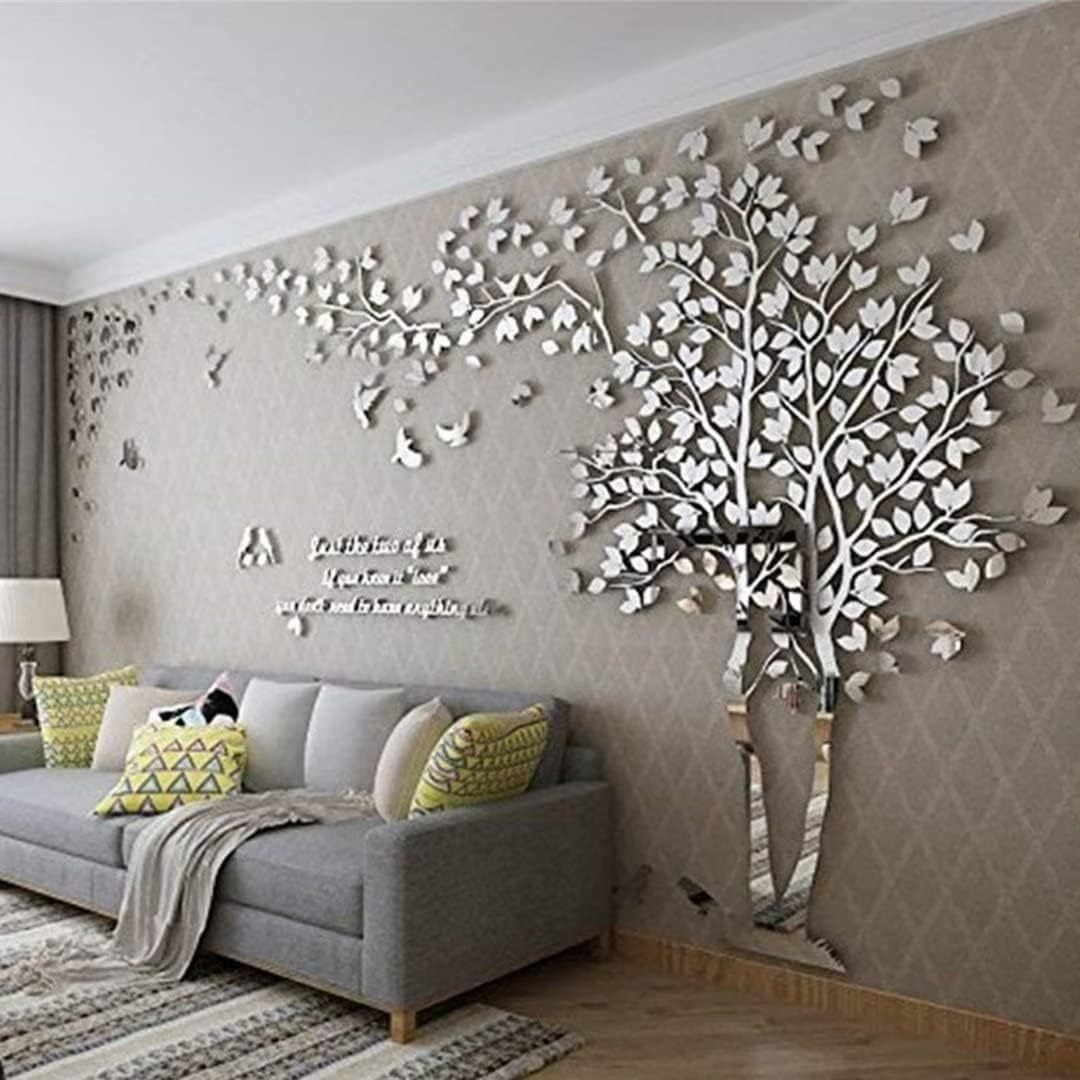 3D Tree Wall Stickers - DIY Tree and Birds Wall Decals Family Couple Tree Stickers Murals Wall Decor for Living Room Bedroom TV Background Home Decorations(Silver Right,M-98X51in)