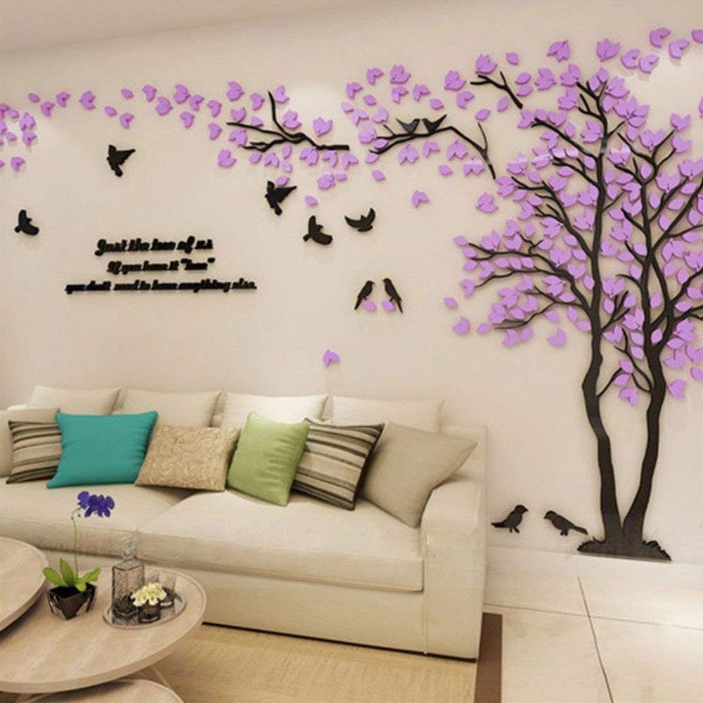 3D Tree Wall Stickers - DIY Tree and Birds Wall Decals Family Couple Tree Stickers Murals Wall Decor for Living Room Bedroom TV Background Home Decorations(Silver Right,M-98X51in)