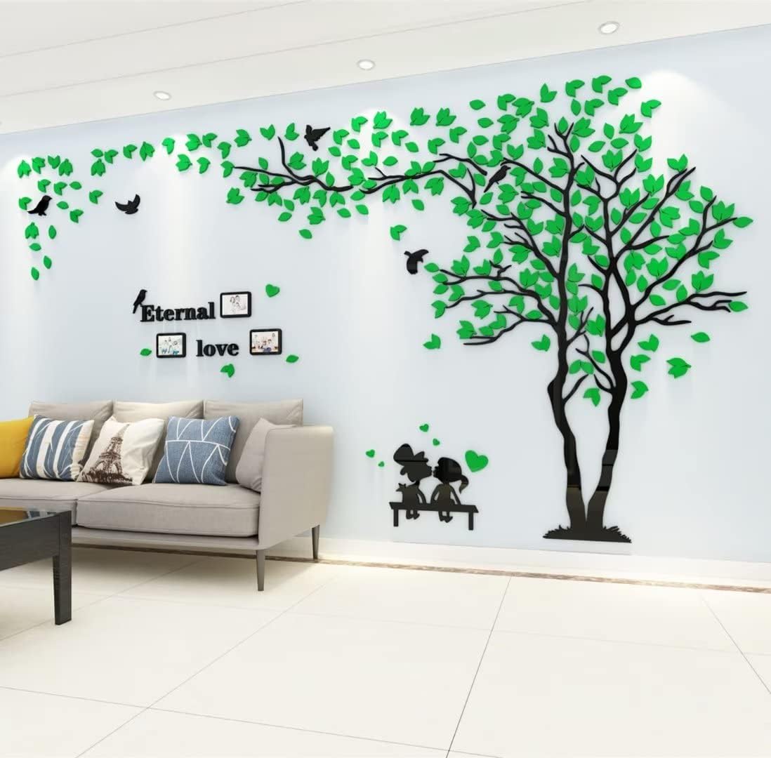 3D Tree Wall Stickers DIY Family Photo Frame Tree and Birds Wall Decals Tree Stickers Murals Décor for Living Room Bedroom Home Decorations(Frame Tree-Green Left,M-79X39in)