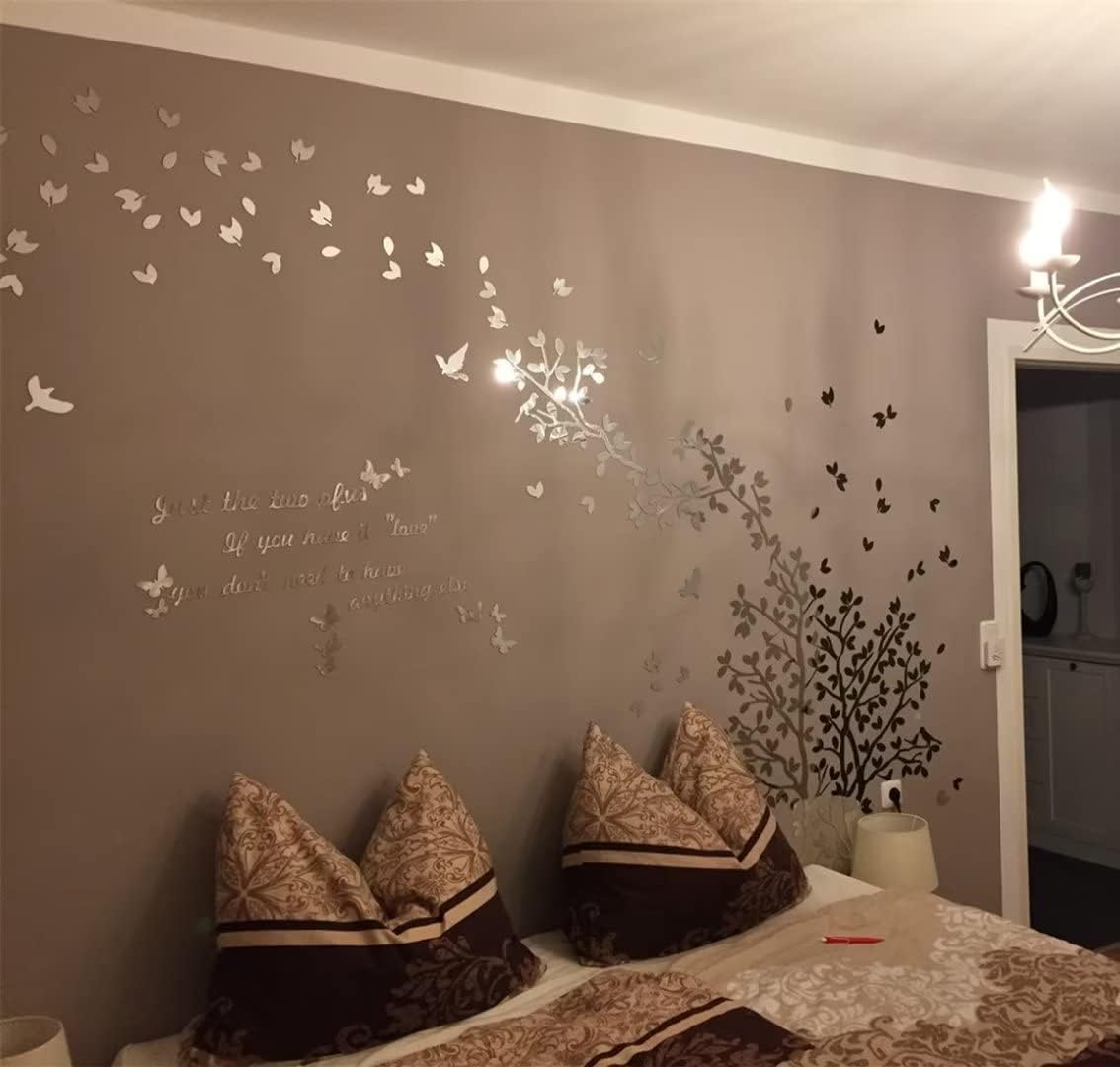 3D Tree Wall Stickers - DIY Tree and Birds Wall Decals Family Couple Tree Stickers Murals Wall Decor for Living Room Bedroom TV Background Home Decorations(Silver Right,M-98X51in)