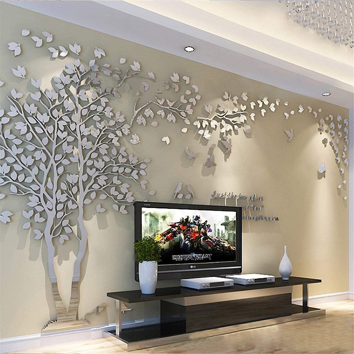 3D Tree Wall Stickers - DIY Tree and Birds Wall Decals Family Couple Tree Stickers Murals Wall Decor for Living Room Bedroom TV Background Home Decorations(Silver Right,M-98X51in)