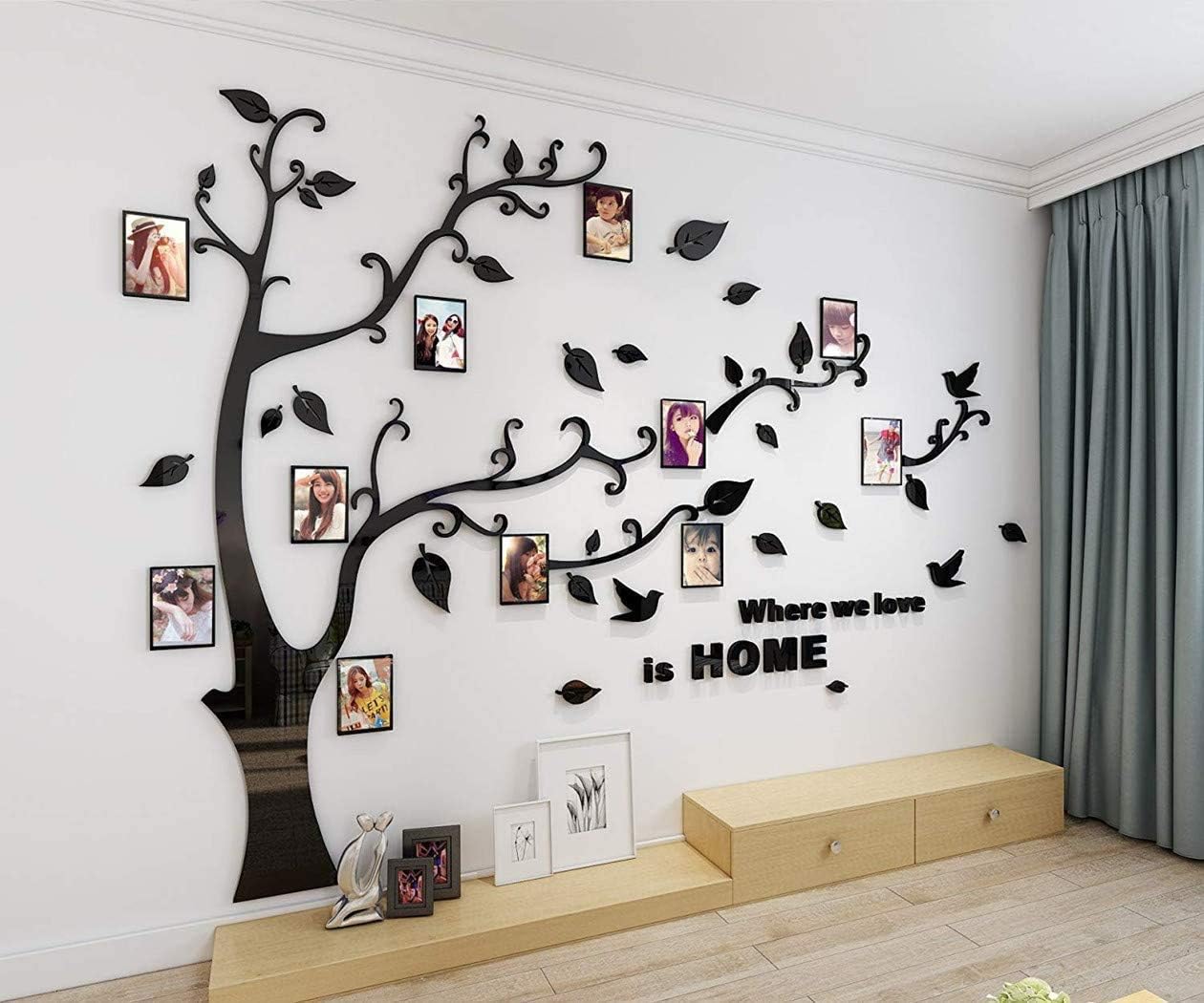 3D Tree Wall Stickers - DIY Photo Frame Tree Wall Decal Family Photo Frame Sticker Murals Wall Decor Living Room Bedroom TV Background Home Decorations (S:54 * 39in,Black Right)